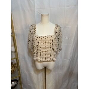 HM Polka Dot Mesh Ruched Puff Sleeve Top Beige Black Square Neck Blouse US 14